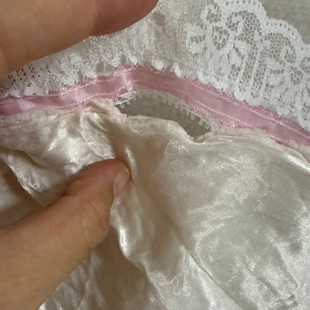 Vtg Chenille Toddler Bedspread Blanket Throw Ivory Pink Lace Satin 44x78 Shabby